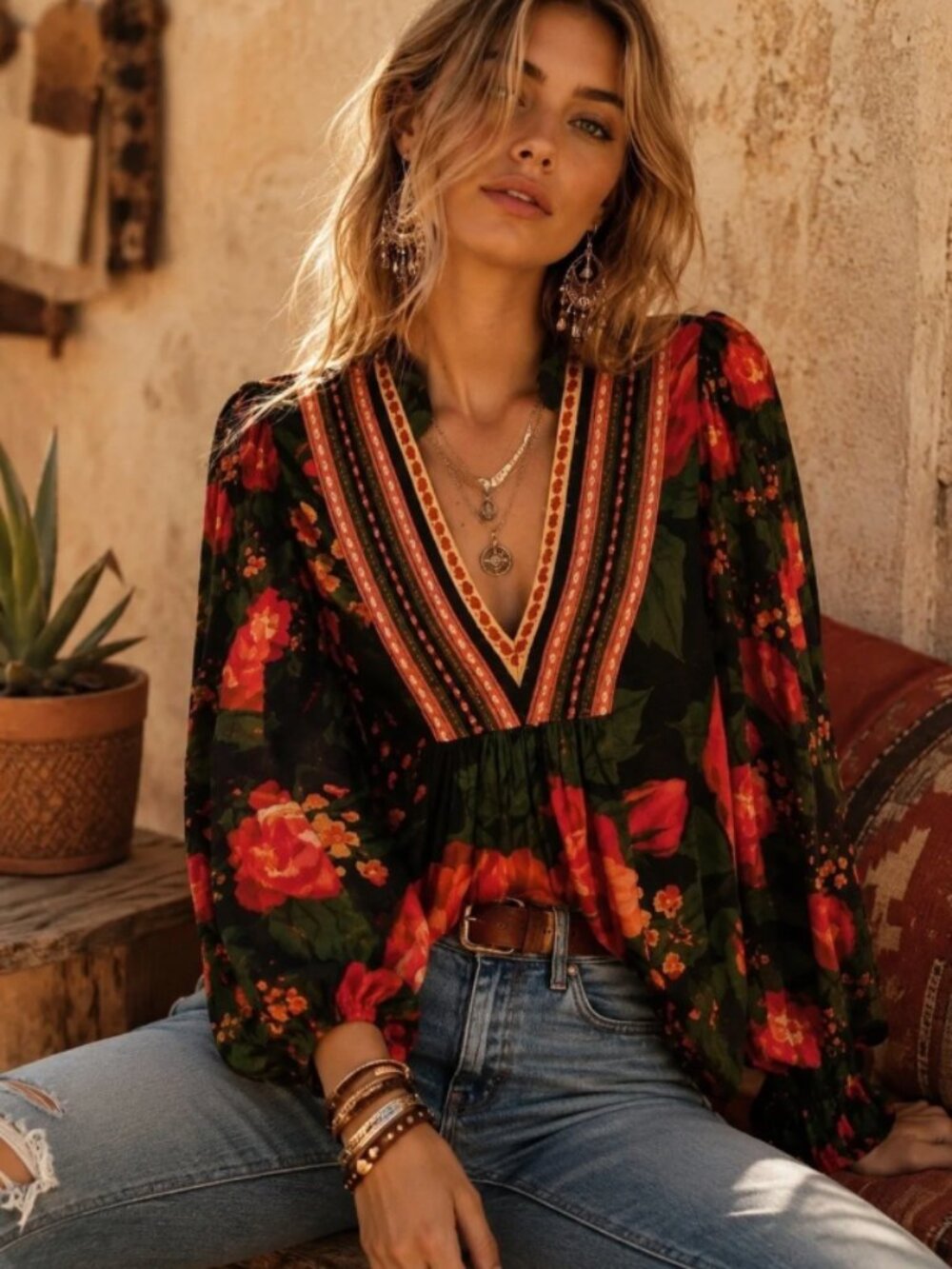 Bl^nk London X Anthropologie  Stephanie Floral Embroidered V-Neck Size Medium